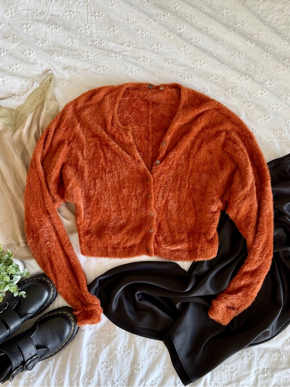 Free People FP ONE Rust Orange Fuzzy V-Neck Cardigan